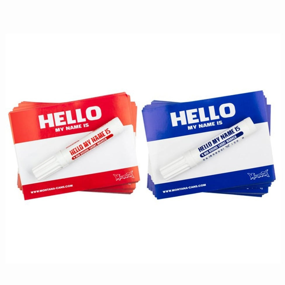 Montana 'Hello My Name Is' RED Stickers -Pack of 100 + Pen